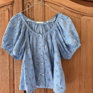 Doen Blue Floral Puff Sleeve Blouse